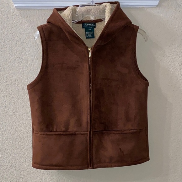 Lauren Ralph Lauren hooded faux suede sherpa-lined vest in brown Size P/S - Picture 4 of 7